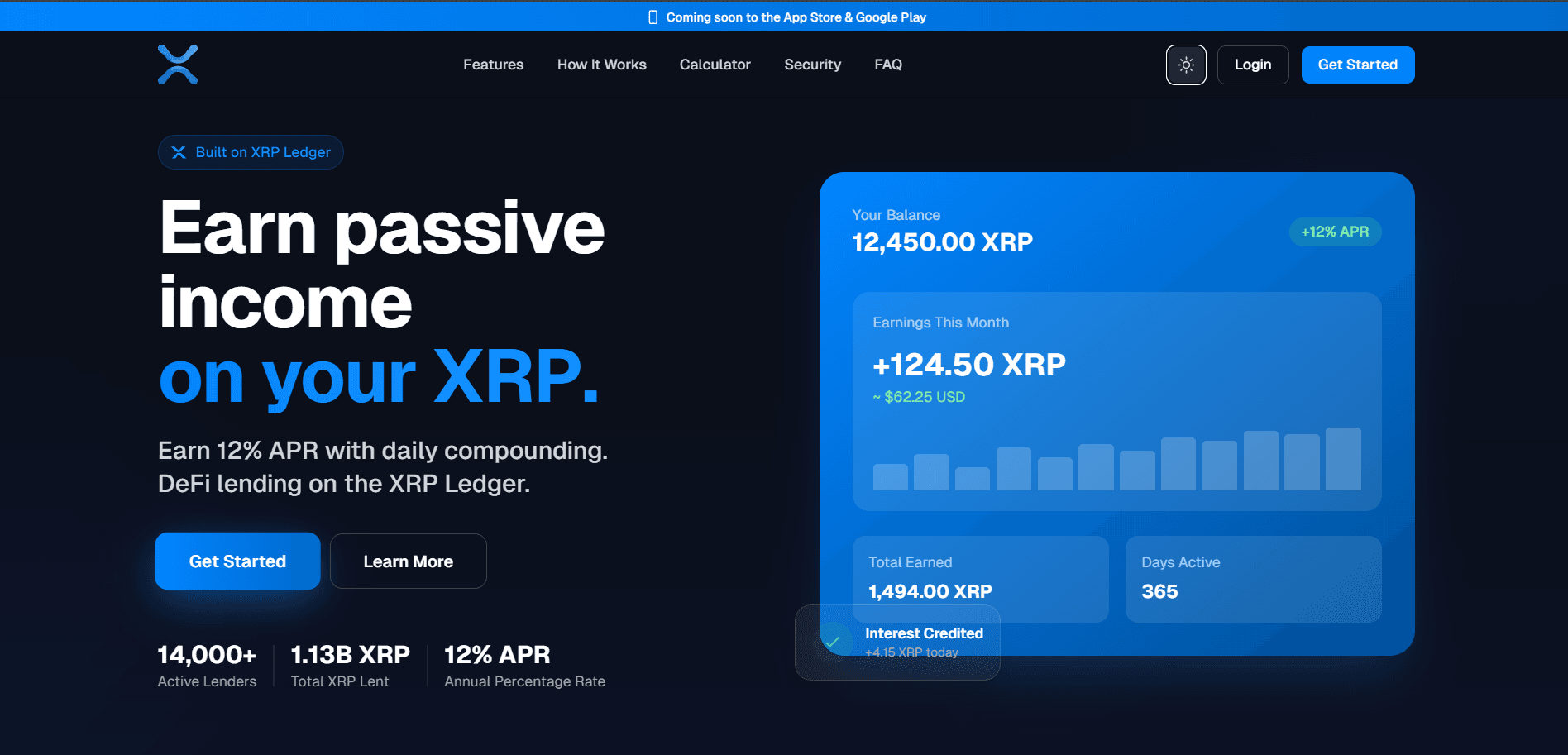 Screenshot of the blocklender.app home page advertising "Earn passive income on your XRP", 12% APR with daily compounding, 14,000+ active lenders, 1.13B XRP total lent, and a mock account dashboard showing earnings.